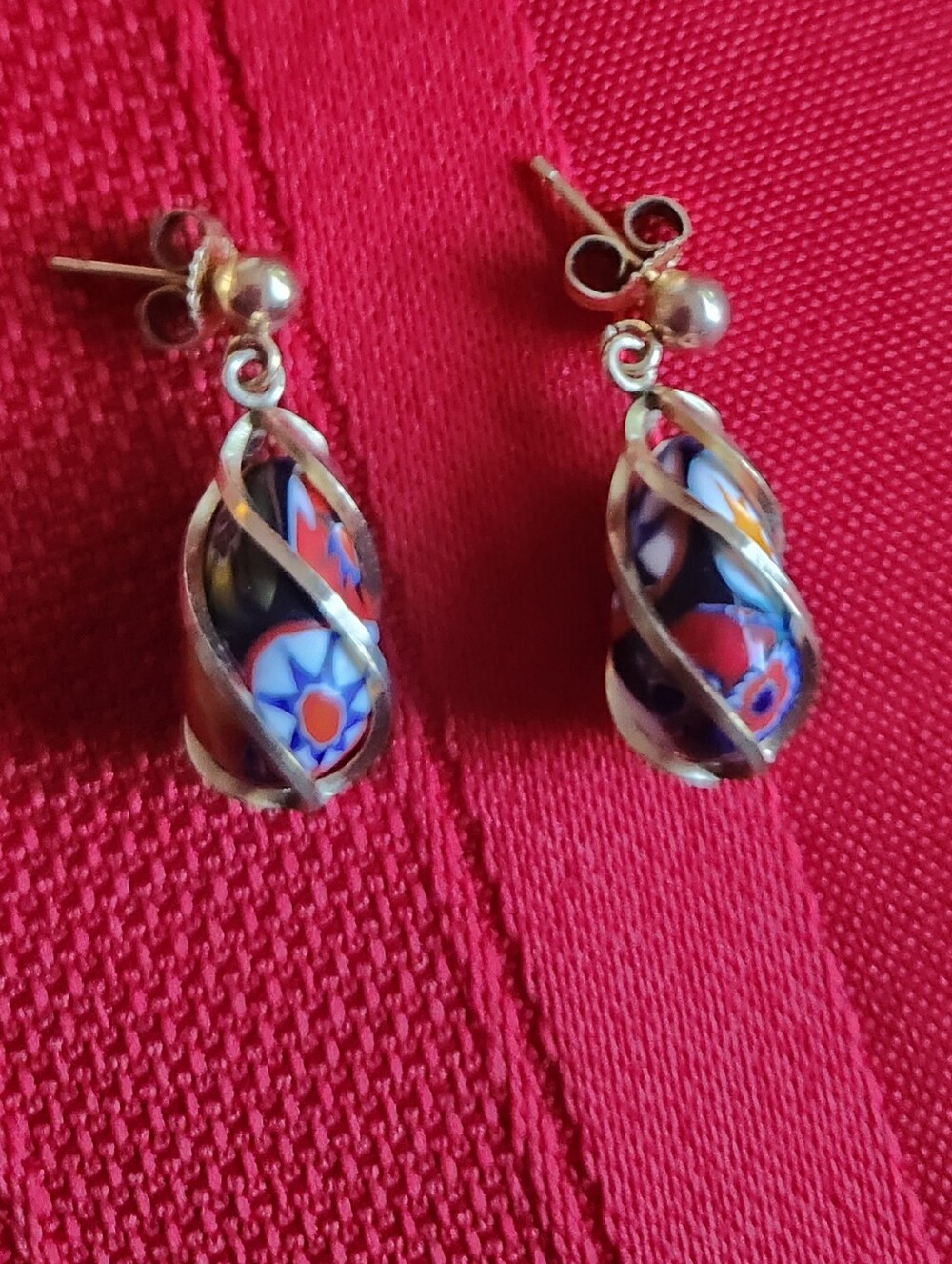 Vintage Millefiori Glass Drop Earrings • Gold-Tone Caged Floral Beads